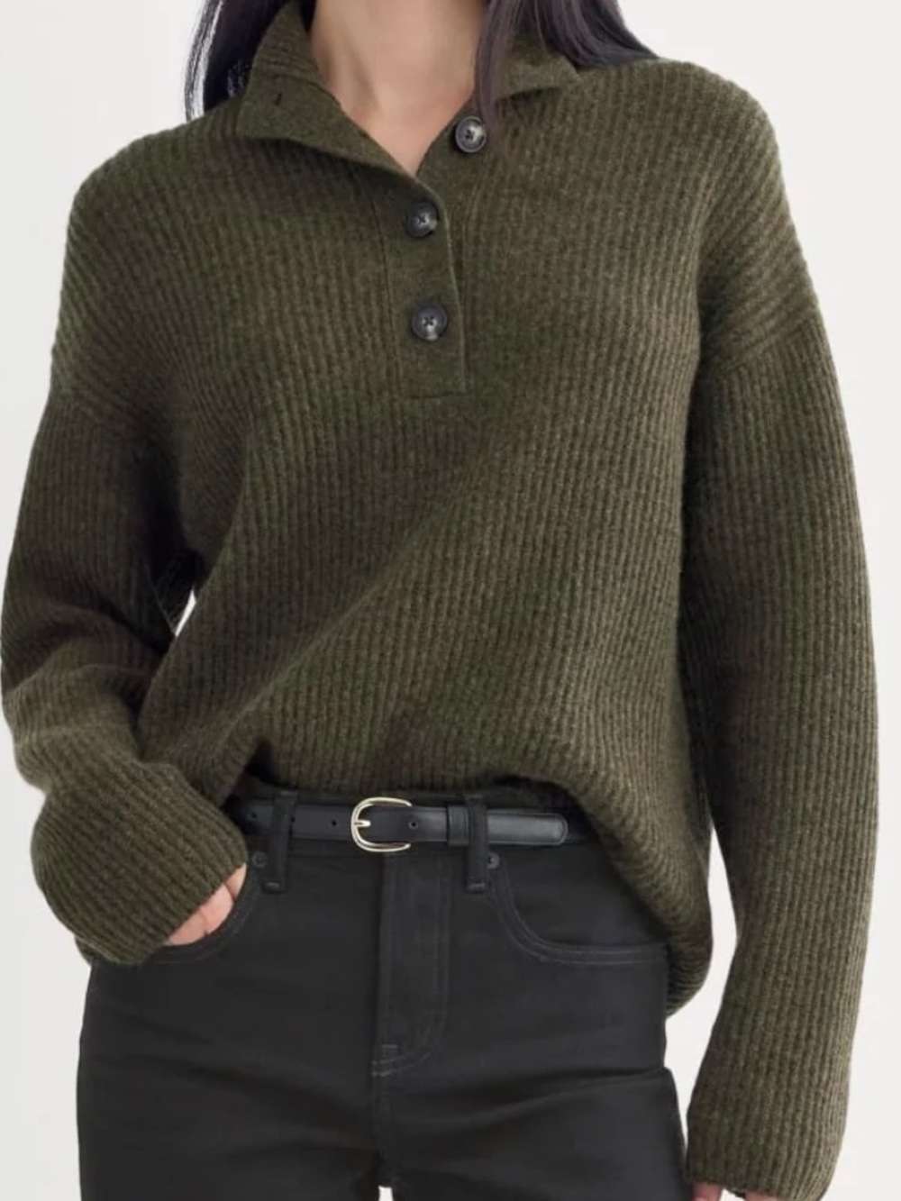 EVERLANE The Cocoon Henley Sweater in Wool Cashmere Olive Green XS